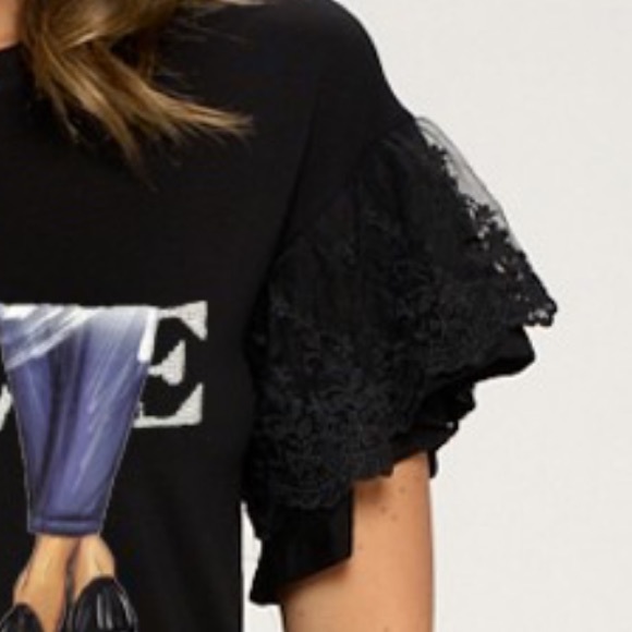 62 Euro Graphic Love Lace Ruffle Sleeves Top - Picture 2 of 2